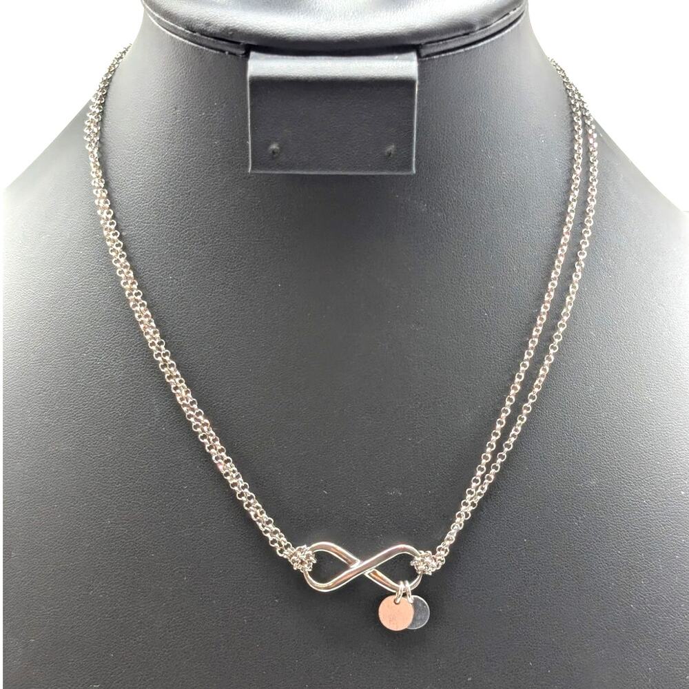 925 Sterling Silver Double Strand Chain Infinity Two Disk Dangle 18" Necklace